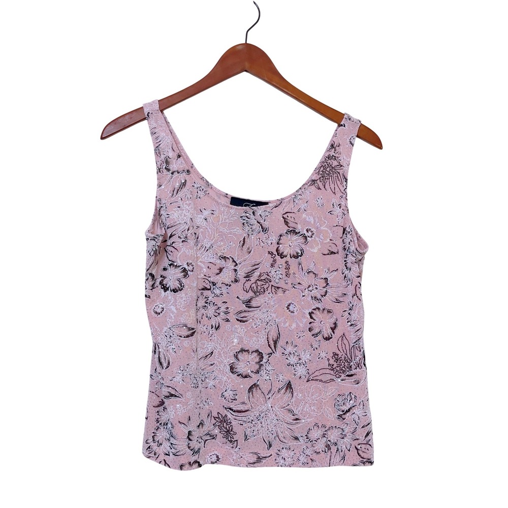 Alex Evenings Womens Floral Glitter Tank Top Size M Pink Sleeveless Made in USA